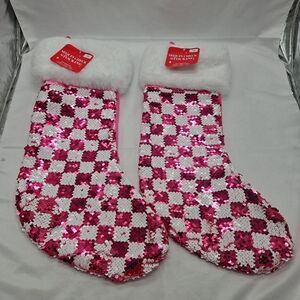 Lot of 2 Sequin Pink and White Christmas Stocking